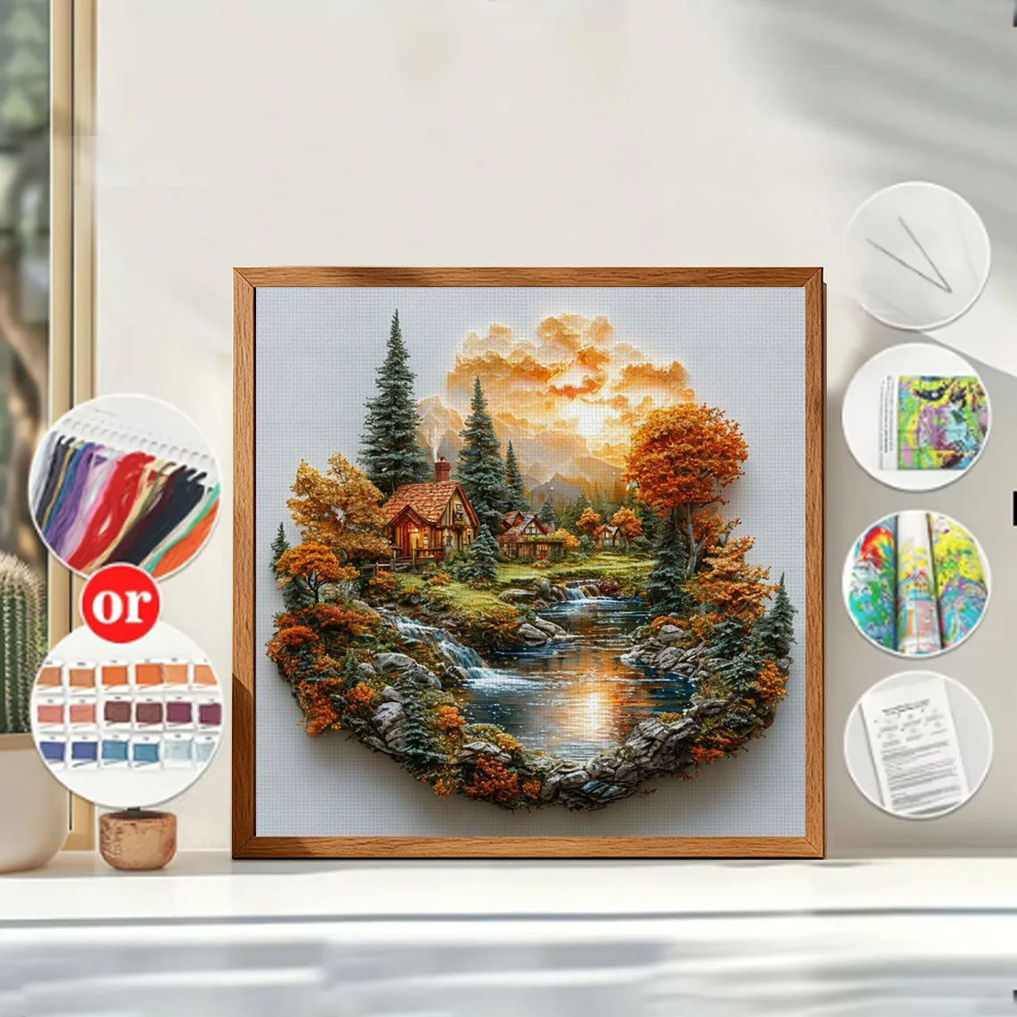 Stream & Sunset Cross Stitch Kit DIY 11CT Embroidery Home Wall Decor Gift Handmade Material Frameless Semi-Finished 36×36cm