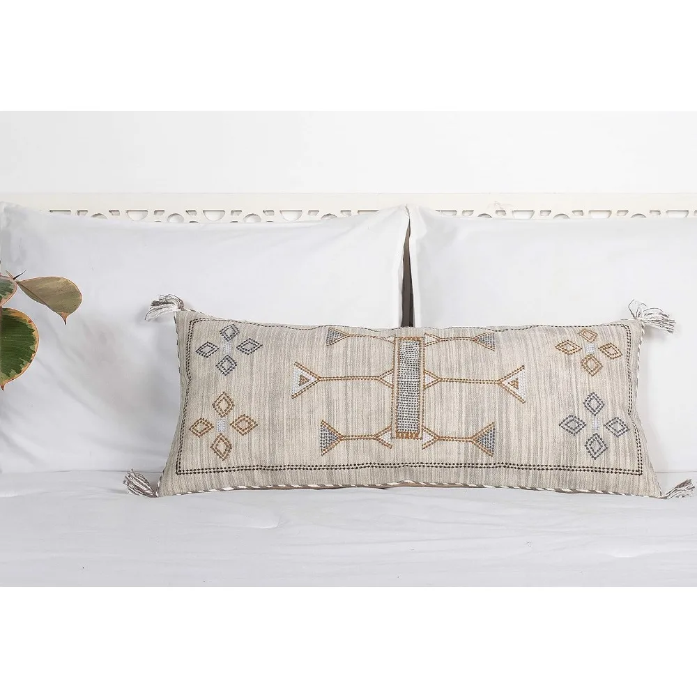 

Handwoven Cactus Silk Lumbar Pillow Cover, 12x28 inches, White Linen Bohemian Style Cushion Cover for Rustic Decor