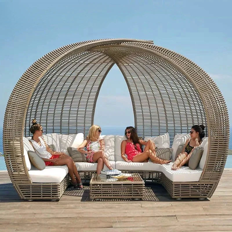 Outdoor lying bed rattan creative round bed sun room leisure sofa combination