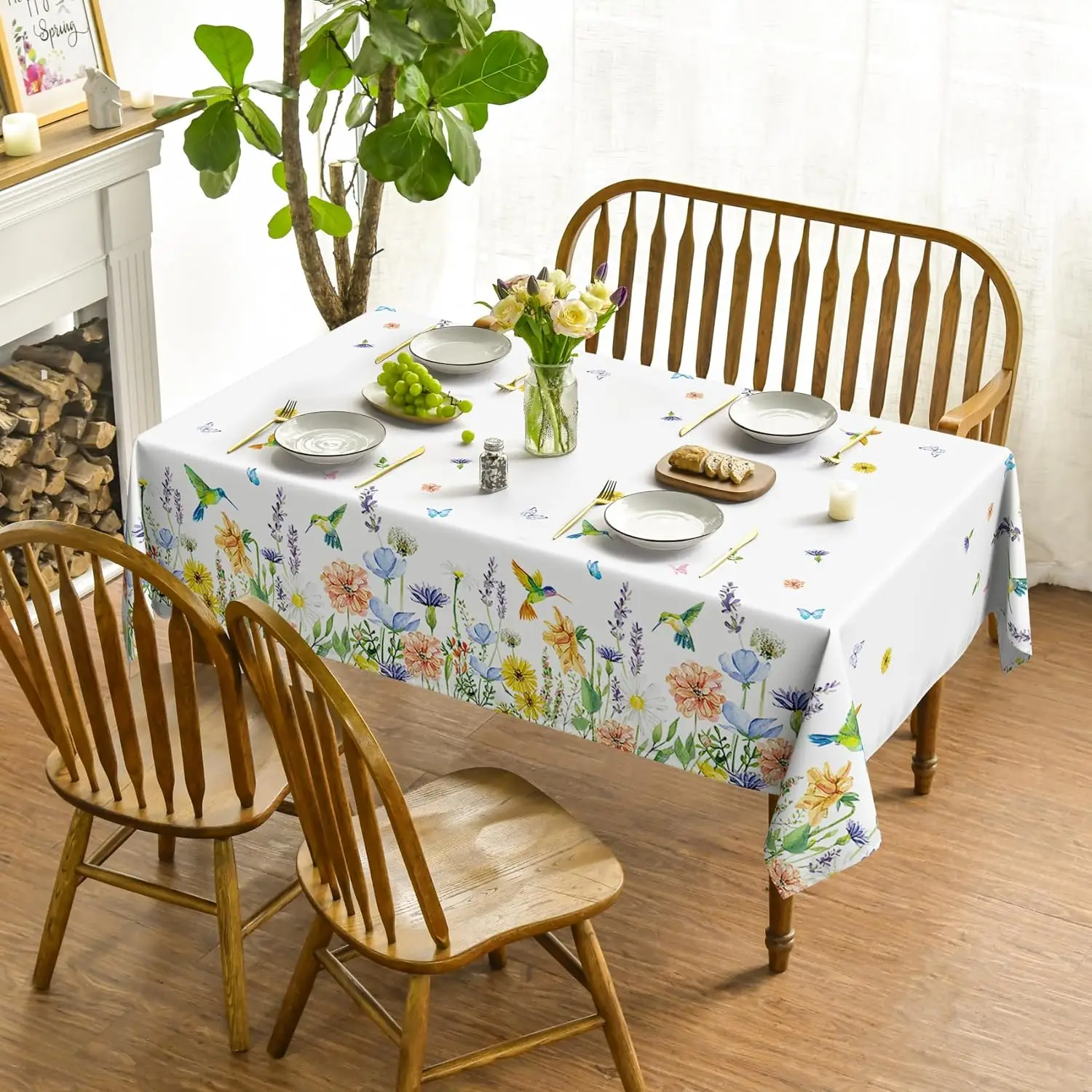 Spring Flowers Butterfly Bird Printed Tablecloth Washable kitchen dining table cover for Outdoor Picnic wedding party decoration