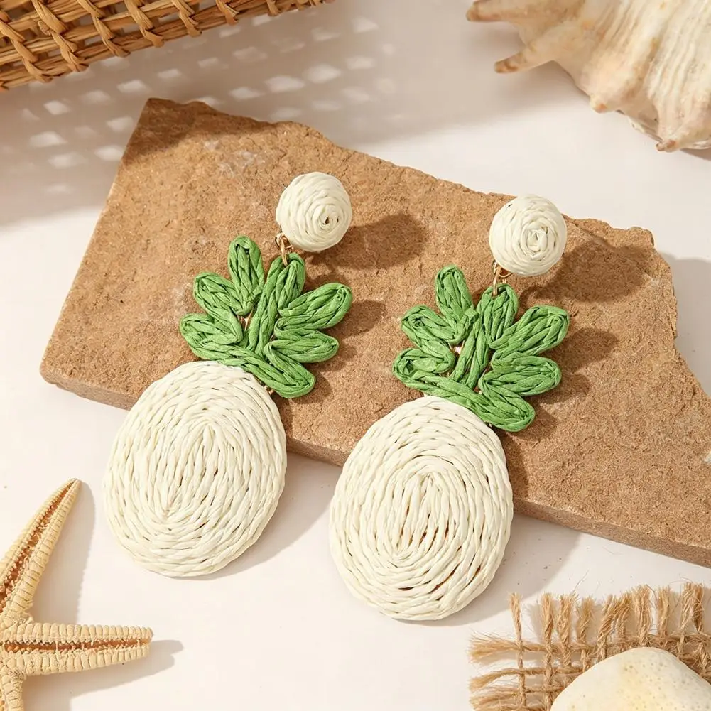 Comfortable Summer Earrings Handmade Raffia Pineapple Earrings Boho Straw Rattan Dangle Jewelry Natural Summer Beach for Women
