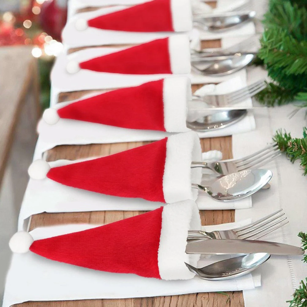 

30 Pcs Christmas Hat Tableware Set Red Mini Santa Claus Decor Fork Sleeve Spoons Storage Kitchen Pantry Organizer Xmas