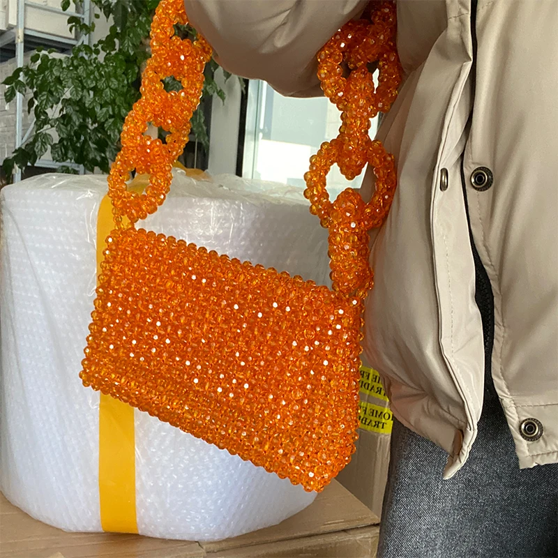 New Fashion INS High Quality Crystal Women\'s Shoulder Bag Handwoven Orange Beaded Flip Handbags for Women Luxury Evening Bags