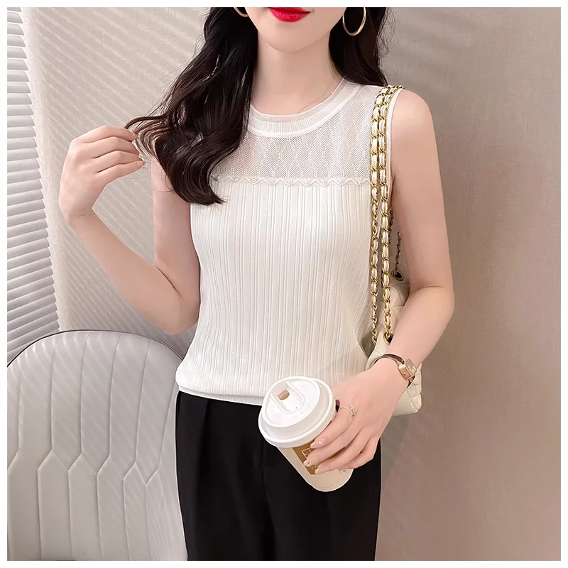 Summer New Fashion Casual Knitted Tank Top Women Round Neck Patchwork Lace Slim Fit Simple Versatile Sleeveless Bottoming Vest