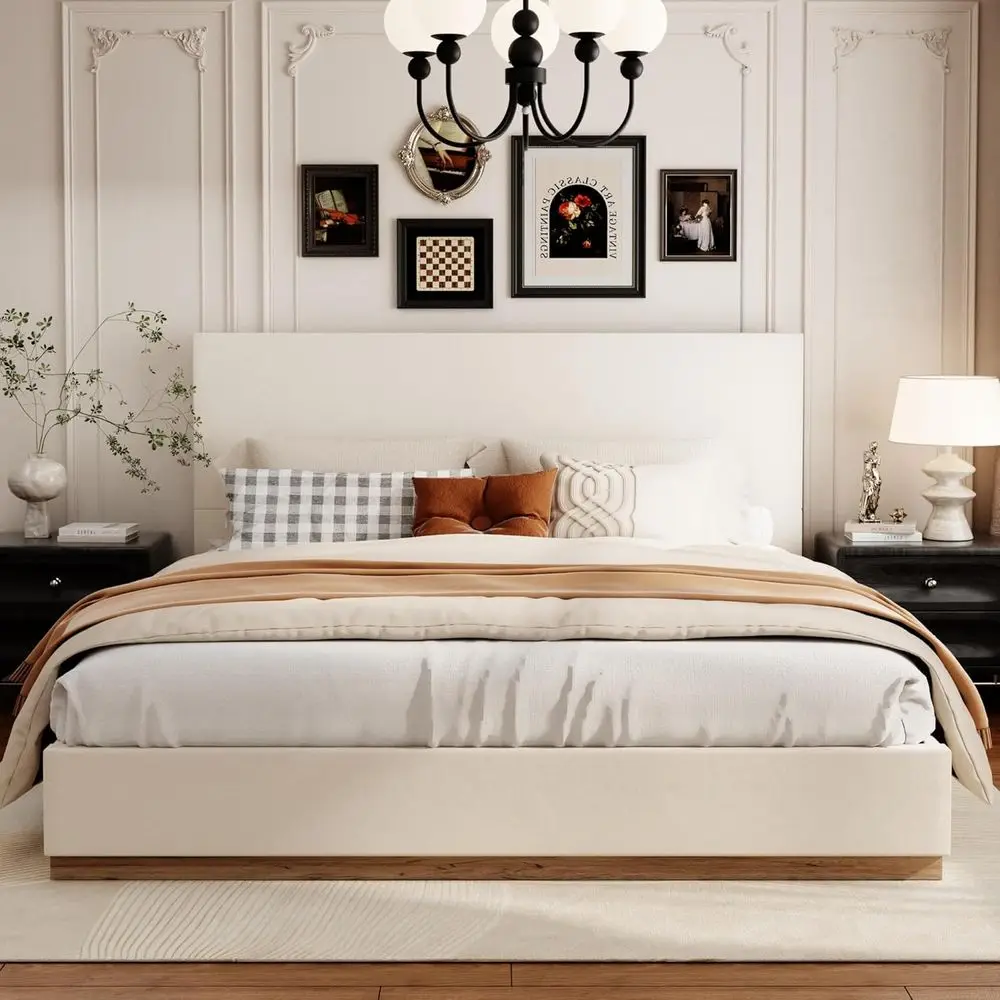 

Beige Velvet Platform Bed with Enclosed Wooden Base, Metal Frame, No Spring Box Required