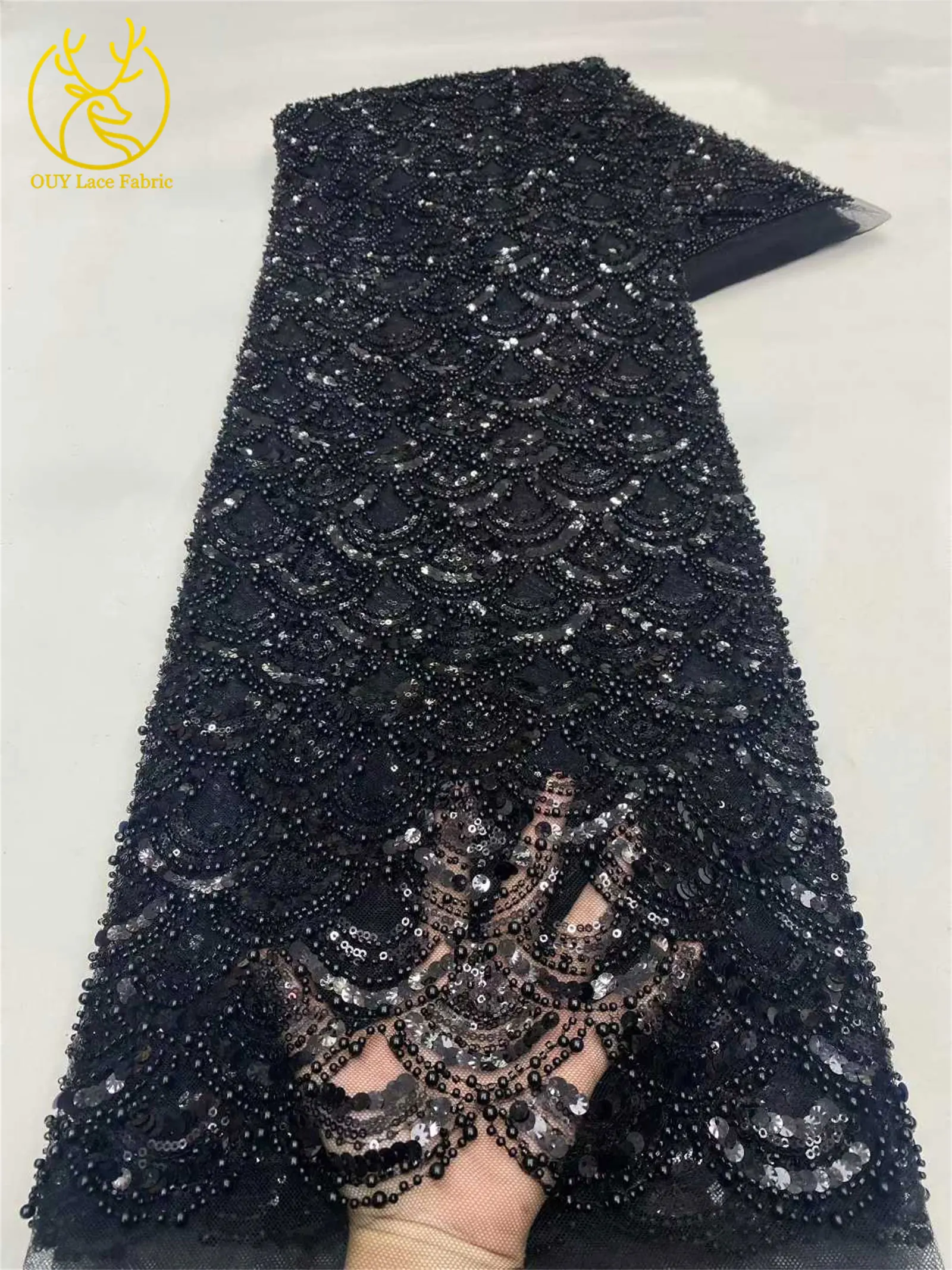Tiefblauer afrikanischer schwerer Perlen-Spitzenstoff 2026 Hochwertiger nigerianischer Pailletten-Spitzenstoff für Hochzeit, Party, Kleid, 5 Yards – Detail 16