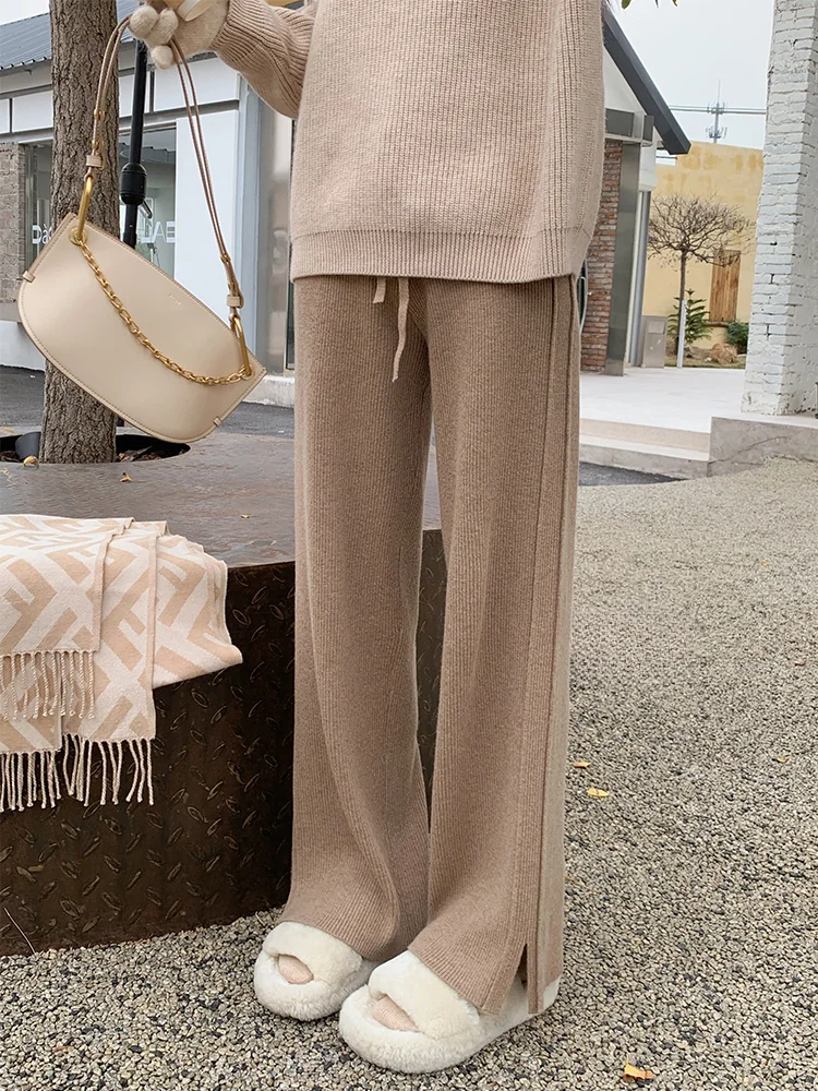 Soft Glutinous Slit Knitted Wide-Leg Pants Women's Autumn and Winter High Waist Drooping Casual Mopping Pants korean style 2024