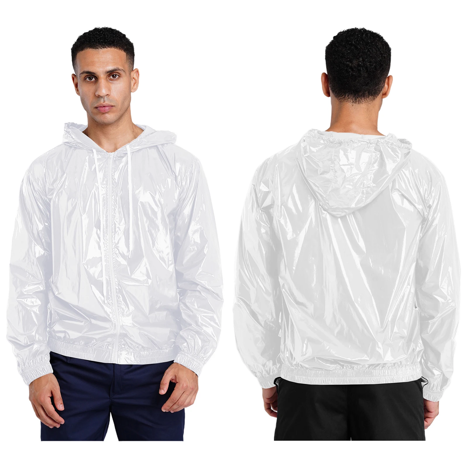 Men Long Sleeve Waterproof Raincoat Windbreaker Zip-up Drawstring Hooded Rain Jacket Hiking Fishing Cycling Running Outerwear