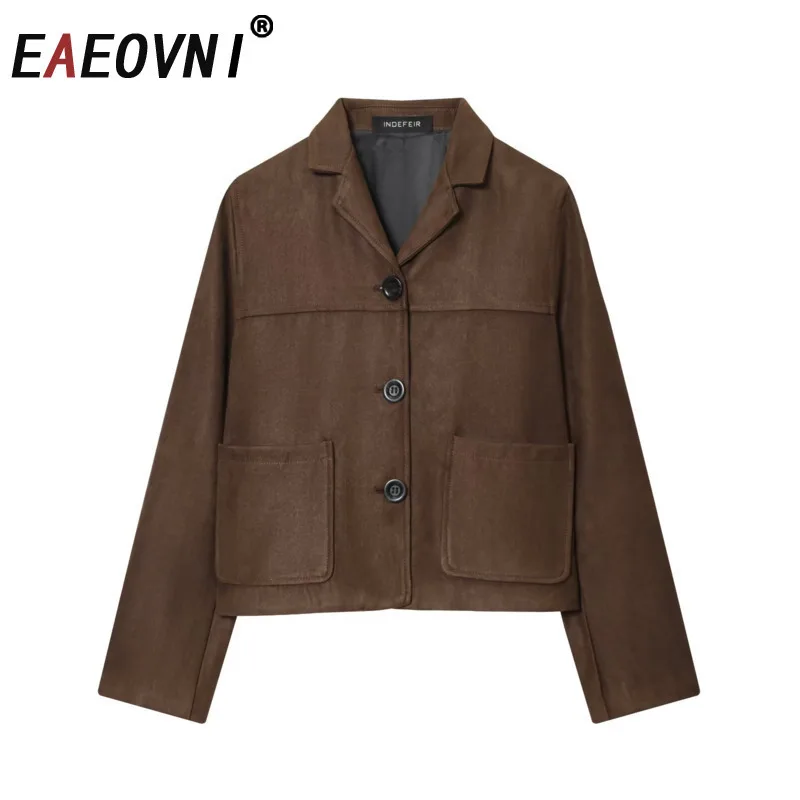 

EAEOVNI винтажная бархатная куртка модная коричневая с лацканами и карманами на пуговицах женское пальто с длинными рукавами в стиле майя осень-зима новинка