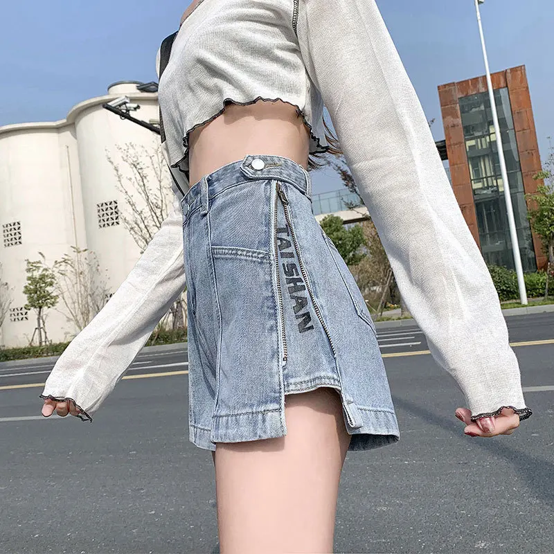 

Internet celebrity side zipper denim shorts women's new Korean version wide-leg pants thin letters outside hot pants summer
