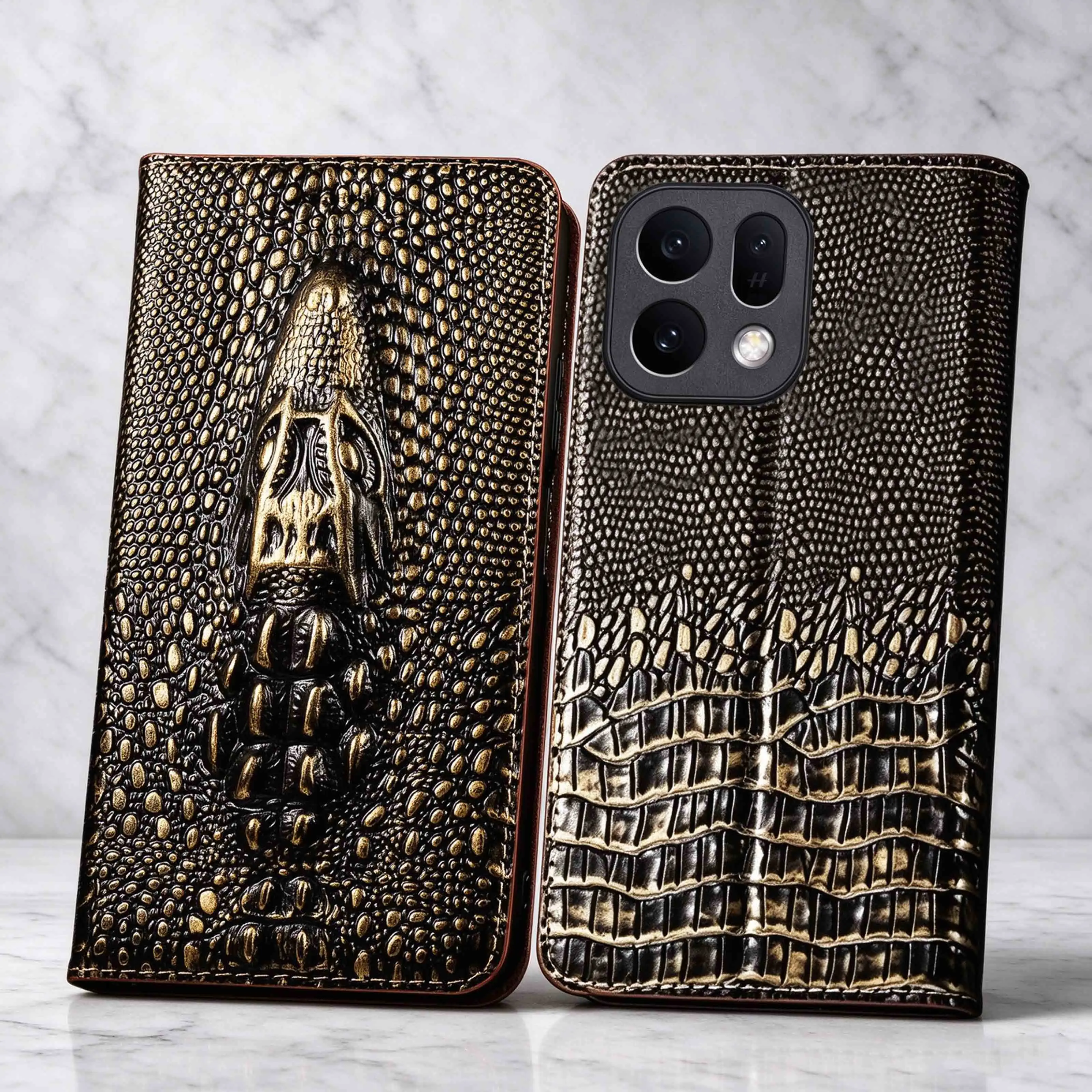Vintage Crocodile Head Genuine Leather Flip Phone Case For OPPO Find X5 X6 X7 X8 X8S X9 X10 E Pro Max Plus Ultra Lite Cover Case