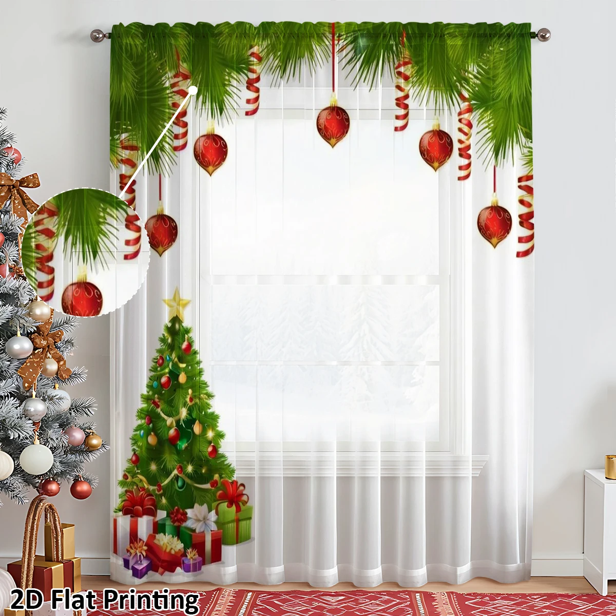 Christmas Sheer Voile Curtains Rod Pocket, Xmas Tree Gift Box Pine Bauble Print Window Drapes for Living Room Xmas Holiday Decor