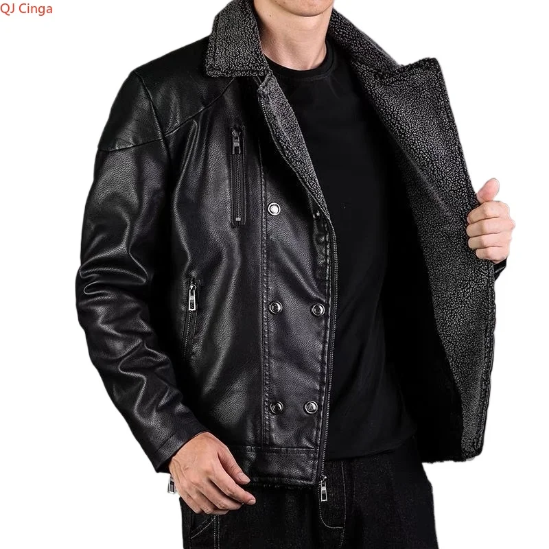 

Winter Men's Black PU Jacket, Burgundy Coat with Dual-Closure Buttons and Zipper, Stylish and Warm Motorcycle Overcoat.