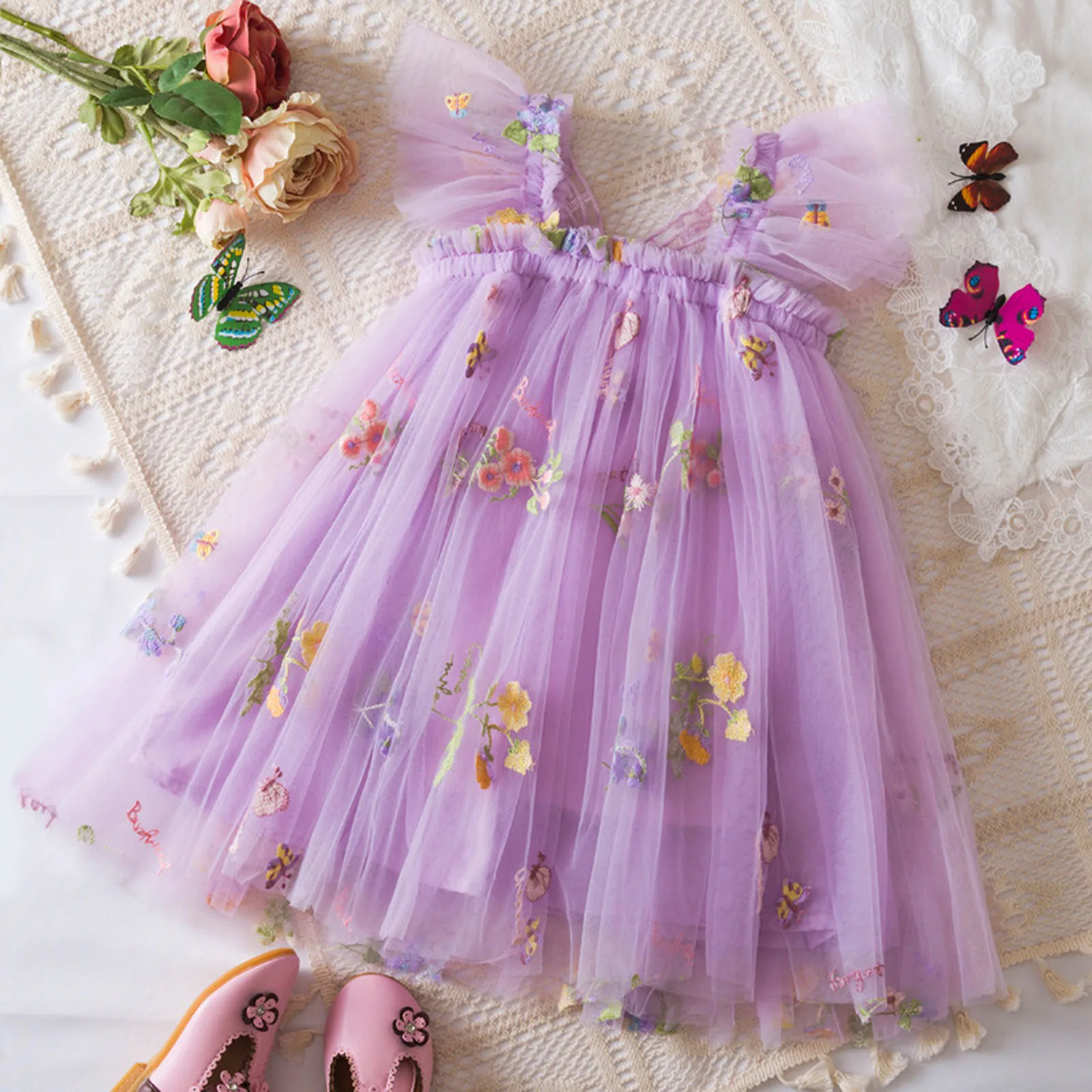 Red Christmas Baby Girls' Princess Party Birthday Dress Girls Dresses Back Bow Wings Fairy Strap New Years Butterfly Mesh Dress