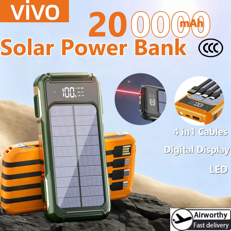 

VIVO 200000mAh Large Capacity Solar Power Bank 4 in 1 Built in Cable Fast Charging Digital Display Battery LED Light For iPhone