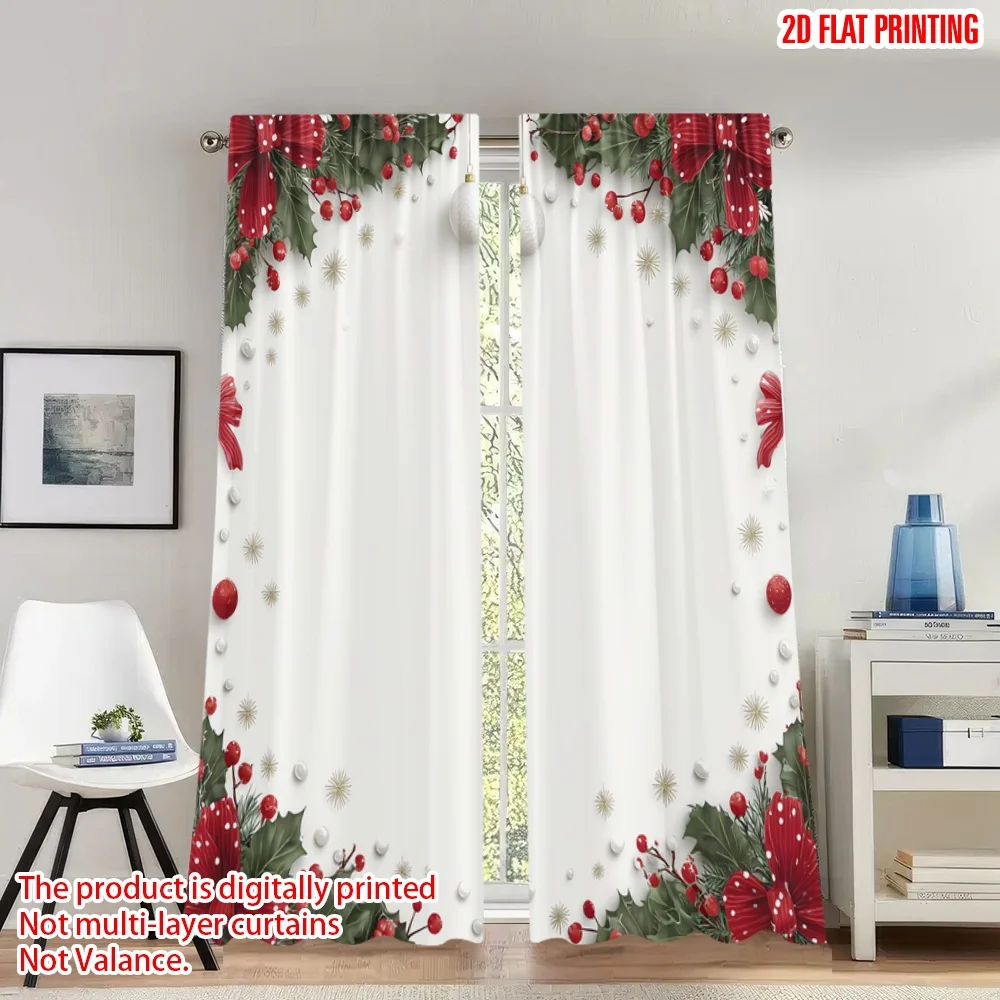 

2pcs 2D flat printing Popular Christmas curtains Christmas Holly Bow Ornaments Digital Printed Polyester Drapes Spring Use for