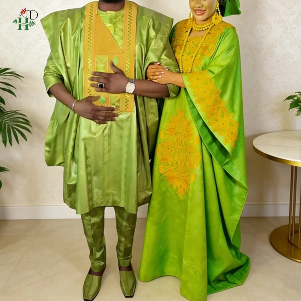 

New African Dresses For Couple Green Traditional Bazin Riche Men 3PCS Embroidery Outfit Turkey dresses woman Wedding Party Dress