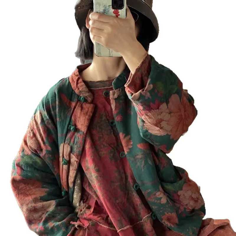 

Женские хлопковые парки в китайском стиле с цветочным принтом и карманами-стойкой, зимние пальто на пуговицах, новинка 2025 года, теплые красные куртки-парки с длинными рукавами