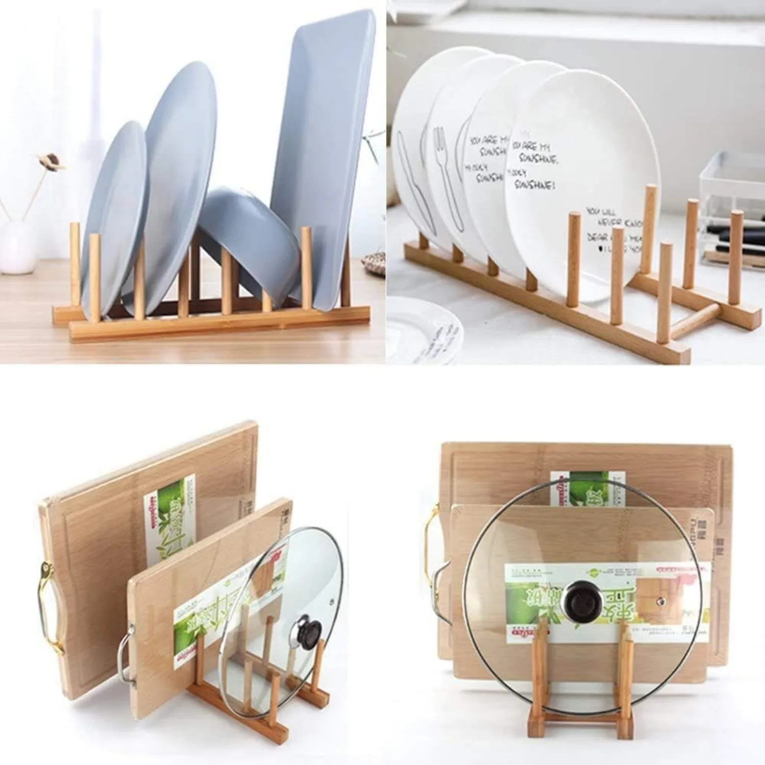 Bamboo Dish Rack, Vertical Plate & Lid Organizer for Kitchen Cabinet or Countertop, Drying Stand for Dishes, Cutting Boards