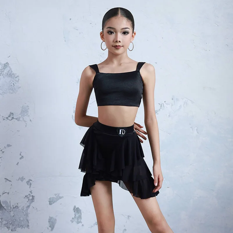 Sommer Latin Dance Kleidung Kind Cha Cha Rumba Leistung Tragen Mädchen Schwarz Tanz Anzug Training Outfit Praxis Top Rock Set 2429