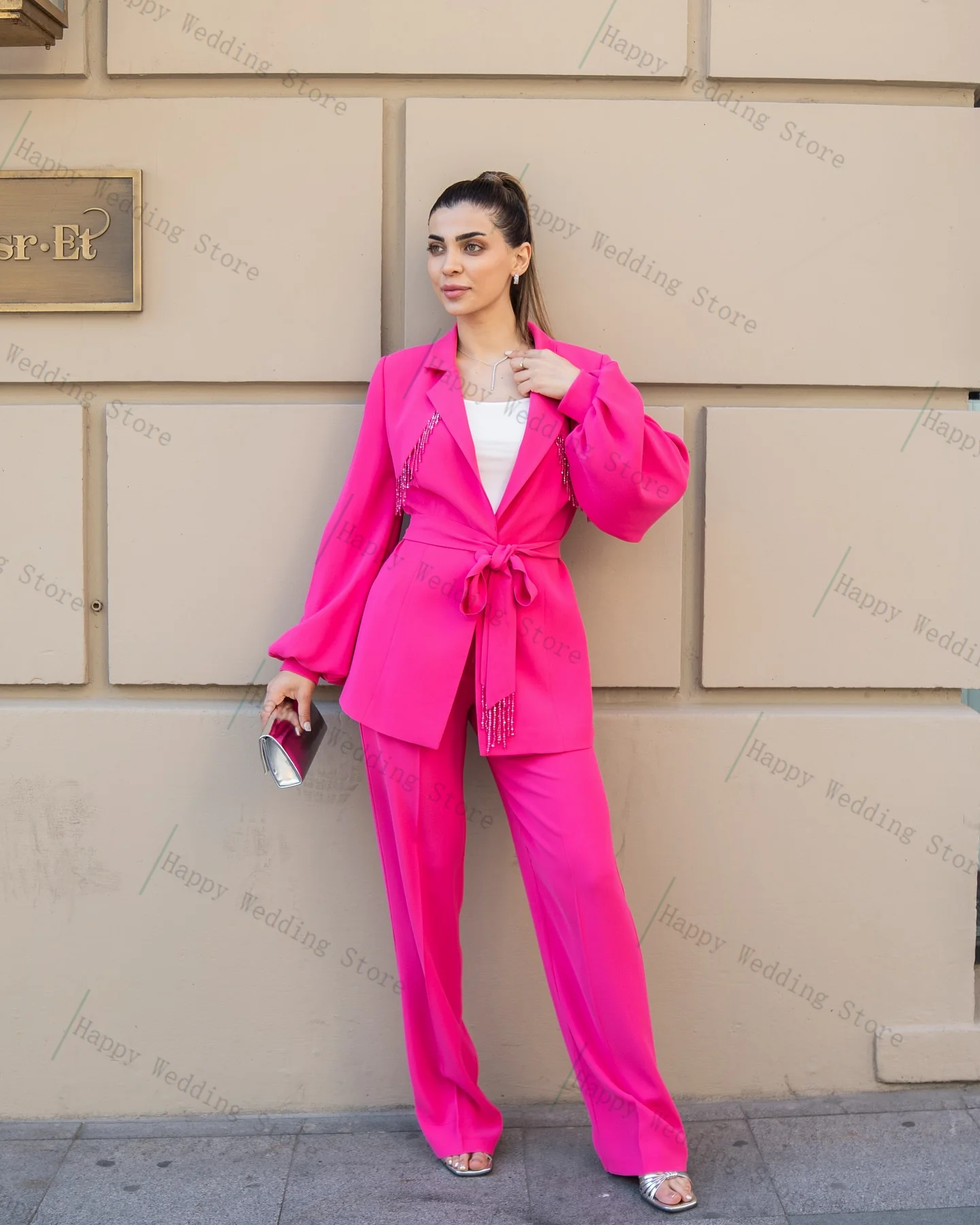 

Pink Women Suit Set 2 Pcs Crystal Blazer+Pant Belted Elegant Beaded Formal Office Lady Jacket Customized Wedding Guest Prom Coat