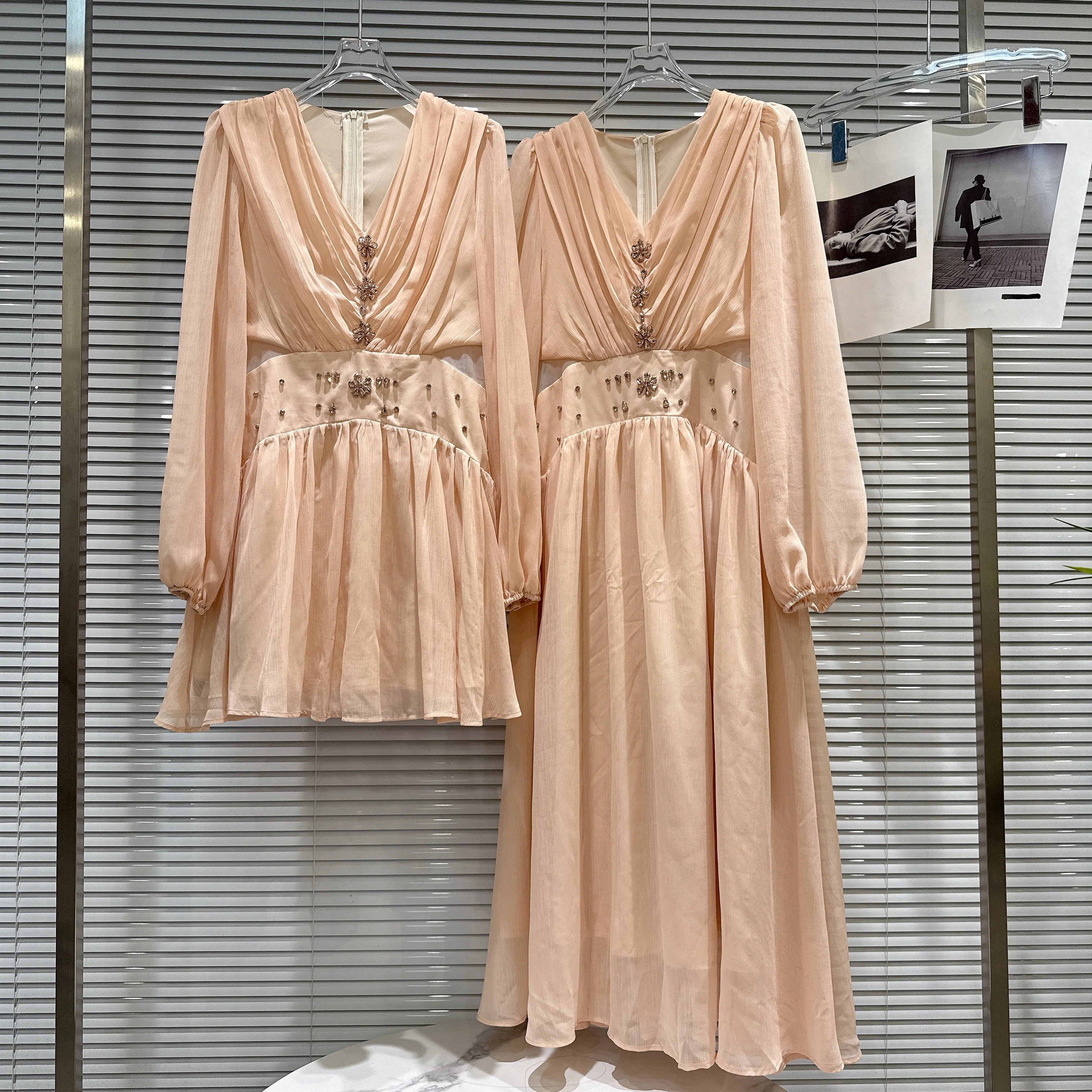 

2025 Autumn French Romantic Chiffon Dress with Crystal Beads Waist Long Sleeve