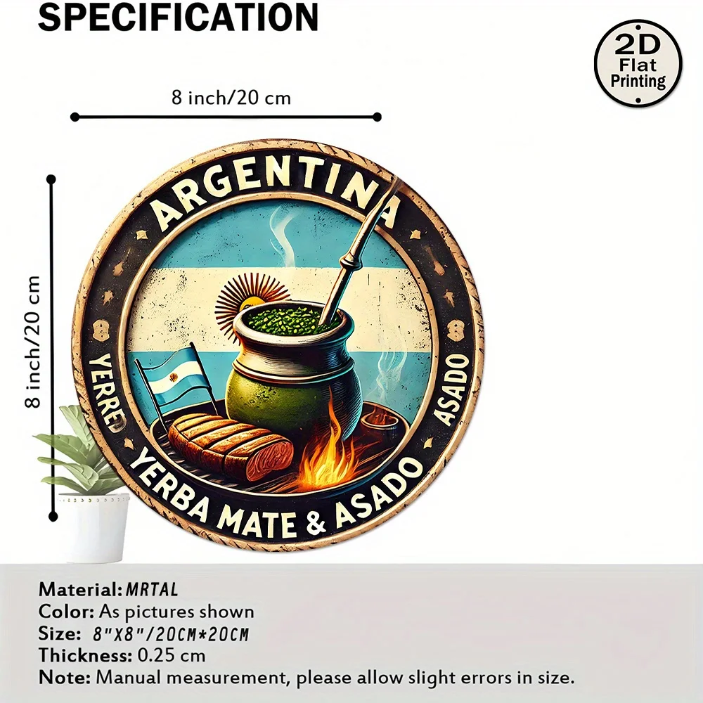 [2D Flat] 1pc Vintage Argentinian Yerba Mate & Asado Aluminum Wall Art - 8x8 Inch Round Tin Sign with Traditional BBQ Design