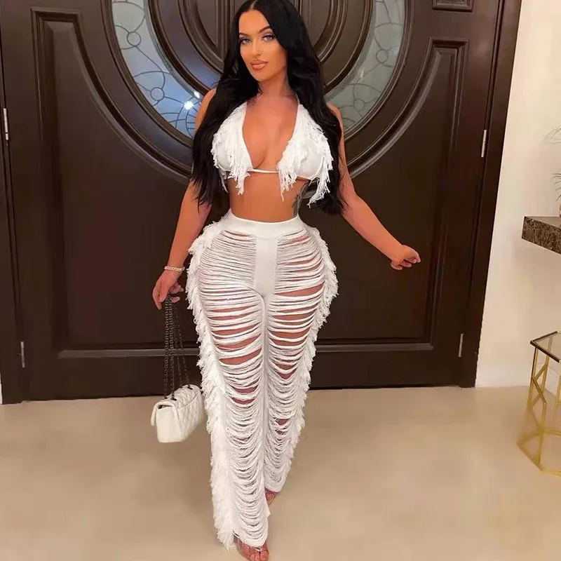 Sexy Knitted Tassel Two Piece Club Outfits for Women Beach Wear Summer Rave Outfit Vacation 2 Piece Set Women Matching Sets 2024