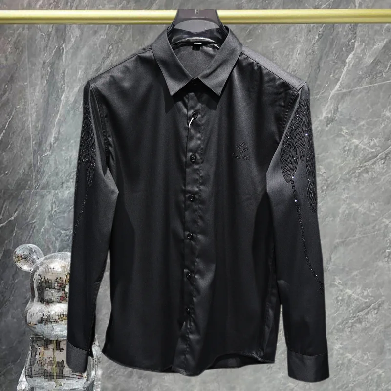 High Quality Rhinestones Shirt Men Dress Moda Hombre 2024 Shirt Long Sleeve Shirt Men Streetwear Stitching Camiseta Masculina