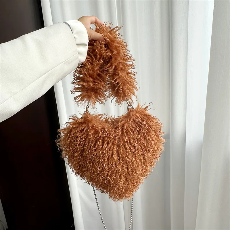 Fashion Women\'s Heart Shaped Handbags Cute Kawaii Faux Fur Crossbody Bags Wallet Purse Plush Chain Shoulder Bag Lady Handbag