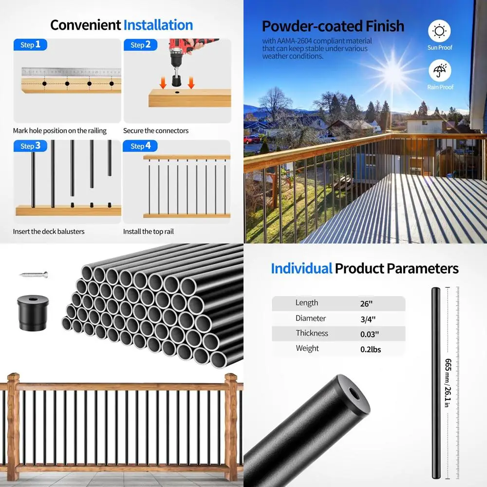 

26 x 3/4 Black Round Balusters for Deck Railing, Staircase, and Porch - Indoor/Outdoor Spindles