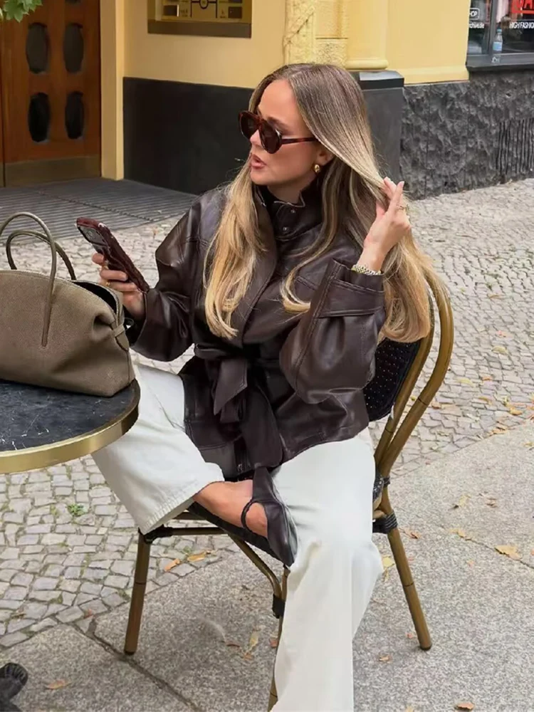 Guobioziy 2026 Autumn Slim Fit PU Leather Jacket Women Belted Waist Stand Collar Coat For Elegant Office Lady Work Wear