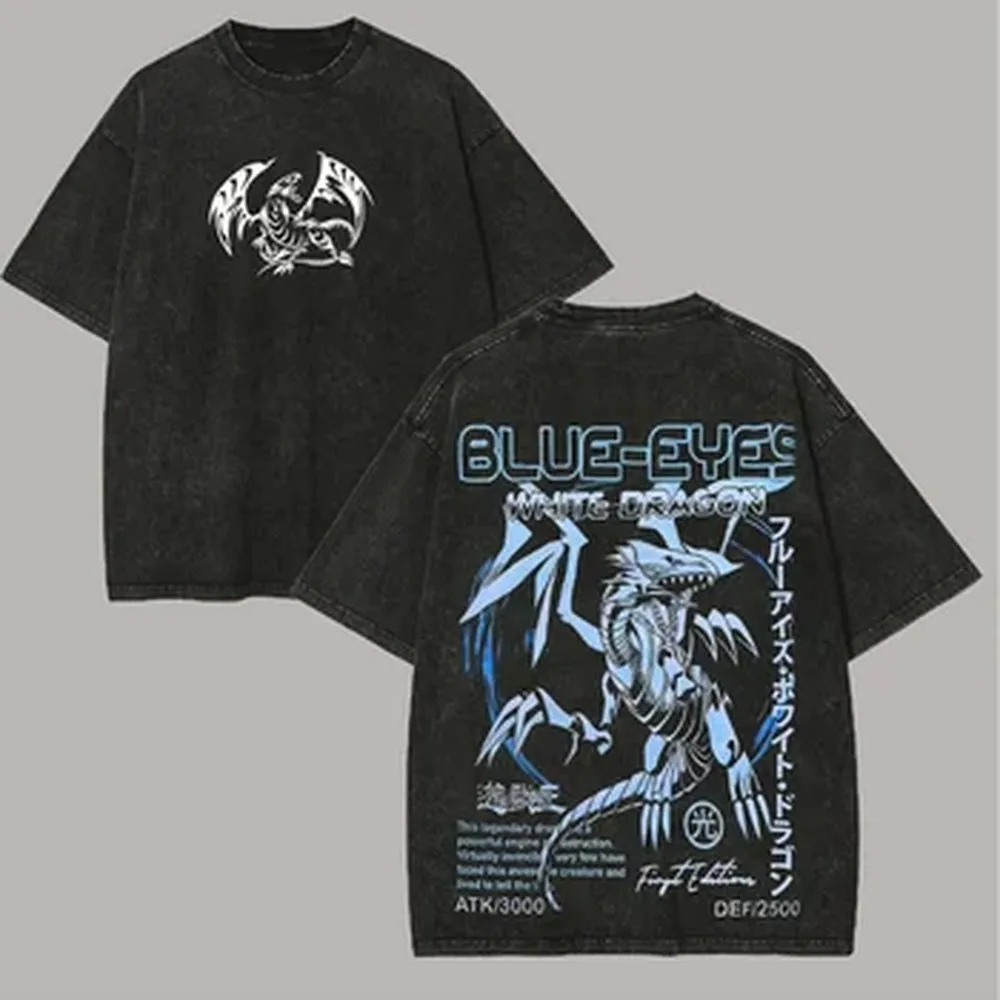 Anime Yu Gi Oh Blue-Eyes White Dragon Manga T Shirt For Men Clothing Vintage Washed Oversized T-shirt Casual Cotton Streetwear