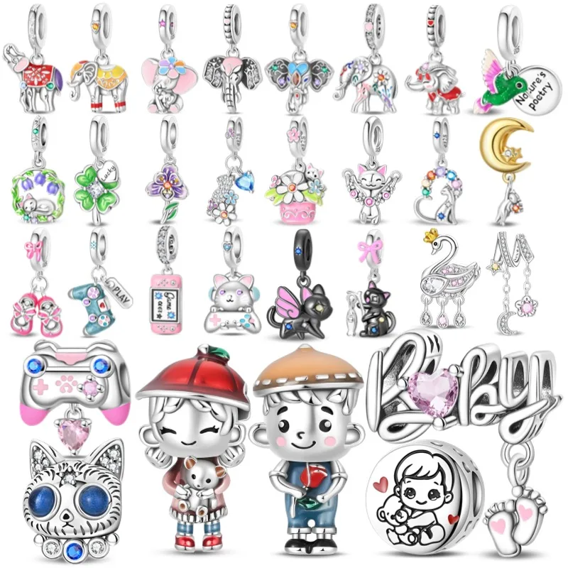 

New Original 925 Sterling Silver Elephant Cat Game Charms Bead Flower Baby Beads Fit 3mm Bracelet DIY Jewelry Gifts For Women