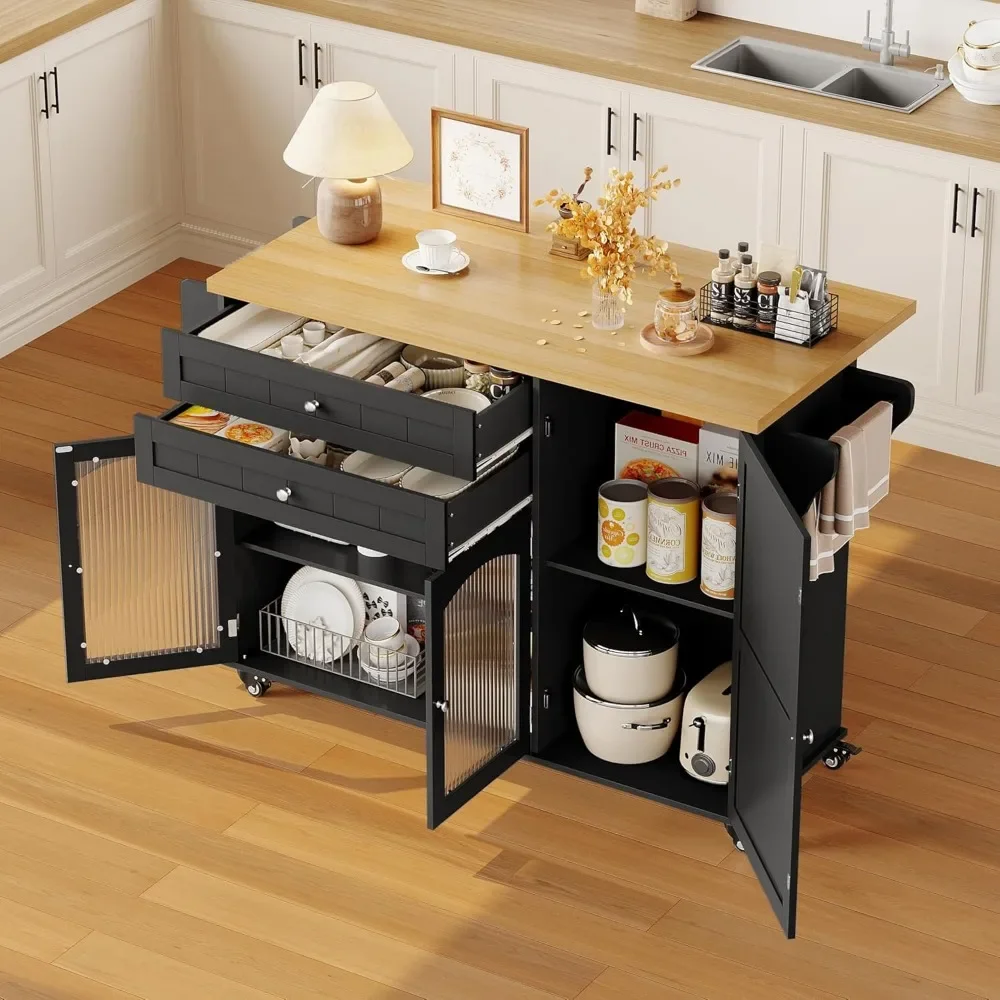 Kitchen Island With Storage, Rolling On Wheels, Wood Drop Leaf Countertop, Table Bar Cart With Spice Rack