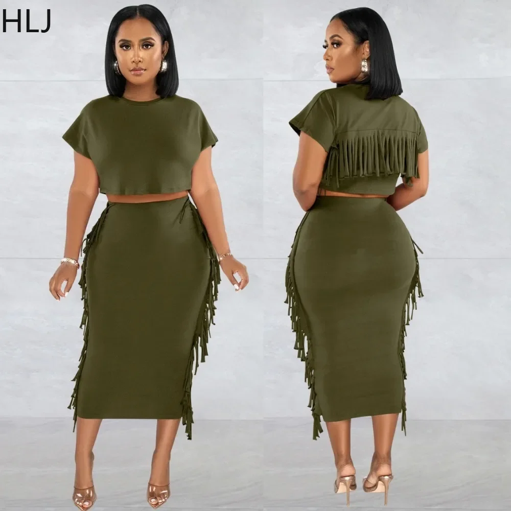 HLJ Elegant Lady Tassels Skinny Skirts Two Piece Sets Women Round Neck Short Sleeve Crop Top + Skirt Outfits Female Solid Suits