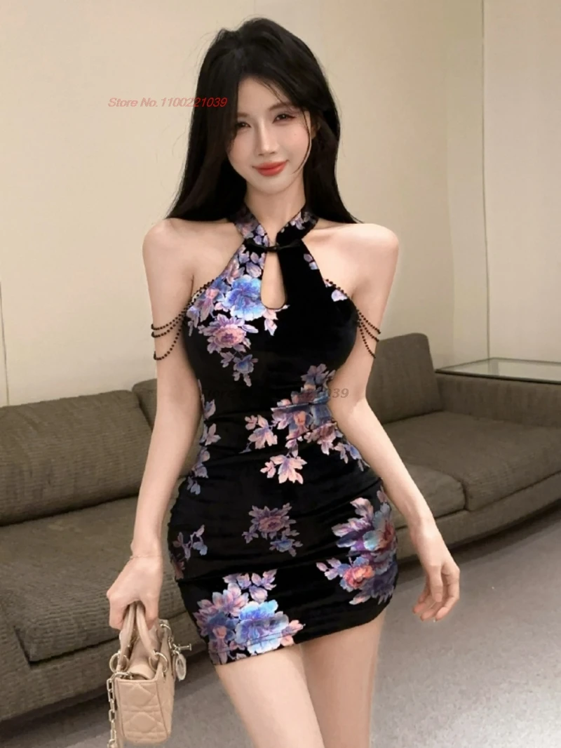 

Китайское сексуальное платье для ночного клуба 2025, улучшенное Cheongsam, традиционное платье без рукавов с цветочным принтом, Ципао, банкетное вечернее облегающее платье