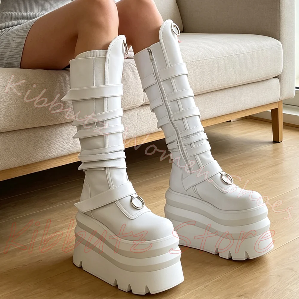 Multi Wrap Strap Boot Knee High Platform Side Zipper Multi Layer Elevated Sole Punk Goth Y2K Leather Calf Band Fashion Shoes New