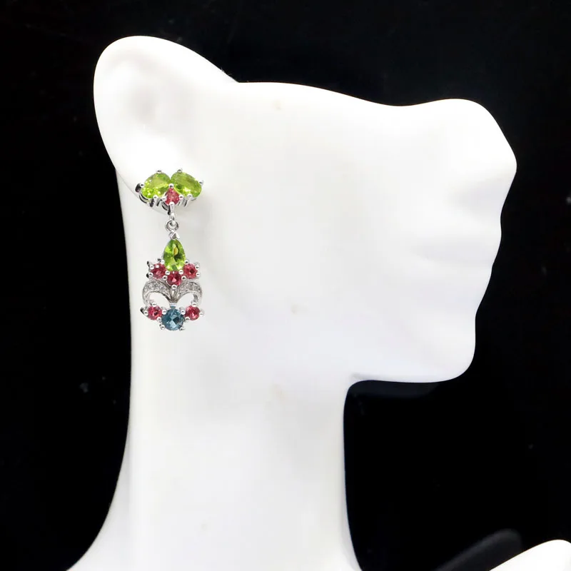 

Серебряные серьги для женщин с разноцветными родолитами, зеленым перидотом и голубым топазом, 28x13 мм, для повседневной носки