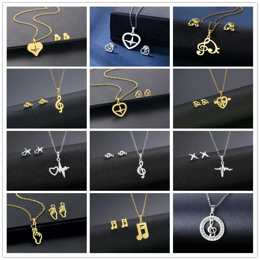 Stainless Steel Jewelry Sets EKG Heartbeat Music Note Necklaces &  Earings Set Nurse Doctor Medical Stethoscope Wave Couple Gift