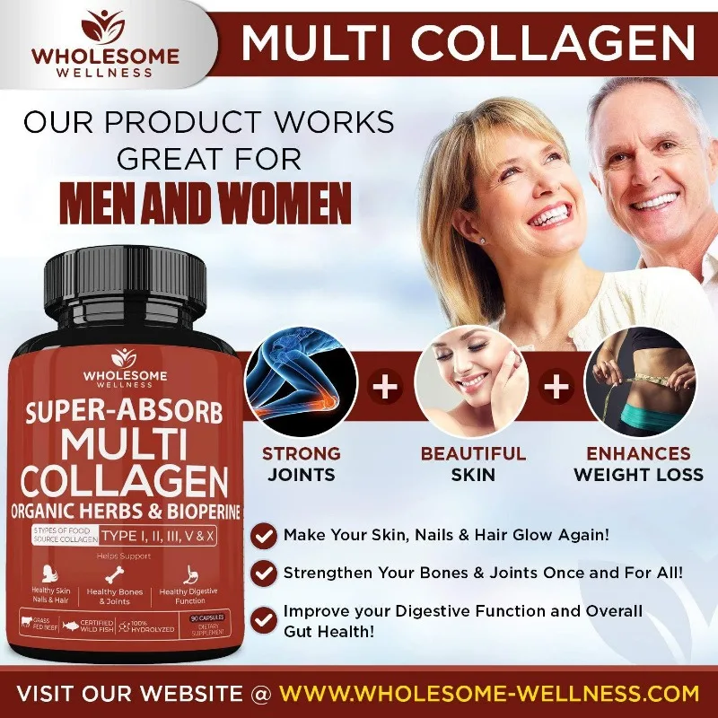 Super Absorbable Multi-Collagen - Anti-Aging, Hair, Skin, Nails, Joints - Hydrolyzed Collagen Peptides Supplement for Women Men