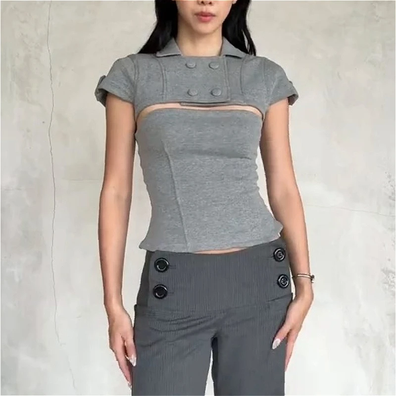 Retro Sexy 2-in-1 Top Duet Top Fog Removable Shrug Fitted Tank Y2K American Trendy Gothic Summer Niche Design Woman Streetwear