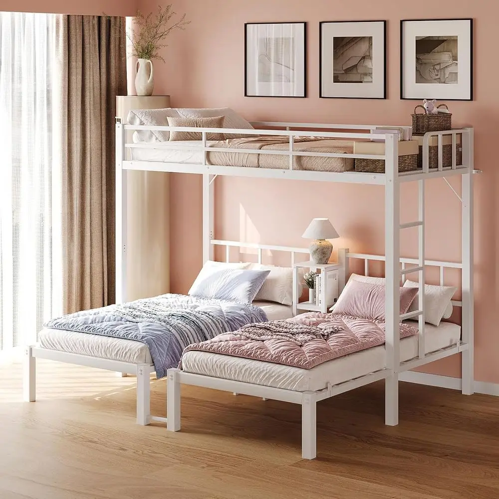 Metal Triple Bunk Bed Twin Over Twin Over Twin, 3 Bunk Beds with Shelves for Kids, Teens and Adults, Detachable 3 Person Bed, No