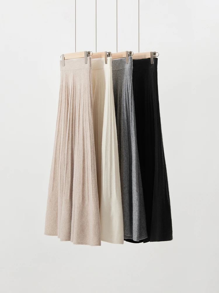 Autumn Winter High Quality Women's A-line Umbrella Skirt Chic Female Grace Soft Simple Style 100% Cashmere Knitted Skirt New
