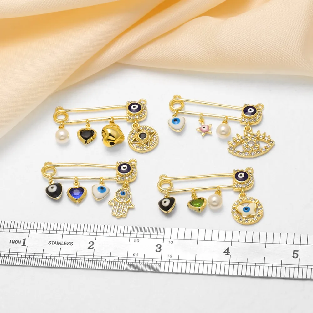 OCESRIO Evil Eye Safety Pin Brooch Brass White Crystal Hamsa Hand Heart Charm Brooches DIY Jewelry Making Components pdtc034