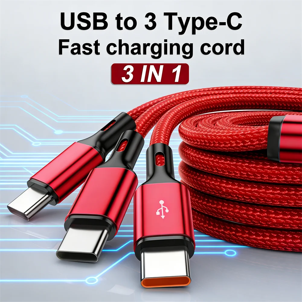 100W 6A 3 in 1 USB A to 3 Type-C Fast Charging Cable Multi Ports Mobile Phone Fast Charging Cord For Samsung S24 Xiaomi Huawei