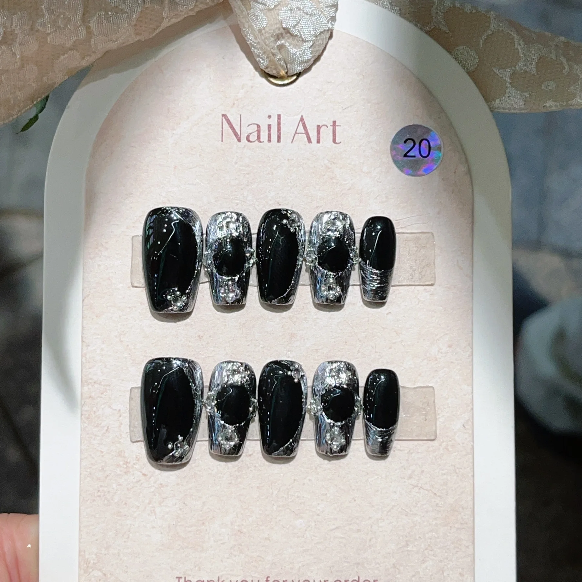 10Pcs Blue Gray Gradient Fake Nails Metal Embossed False Nails Art Long Square Artificial Nails Removable Press on Nail Handmade