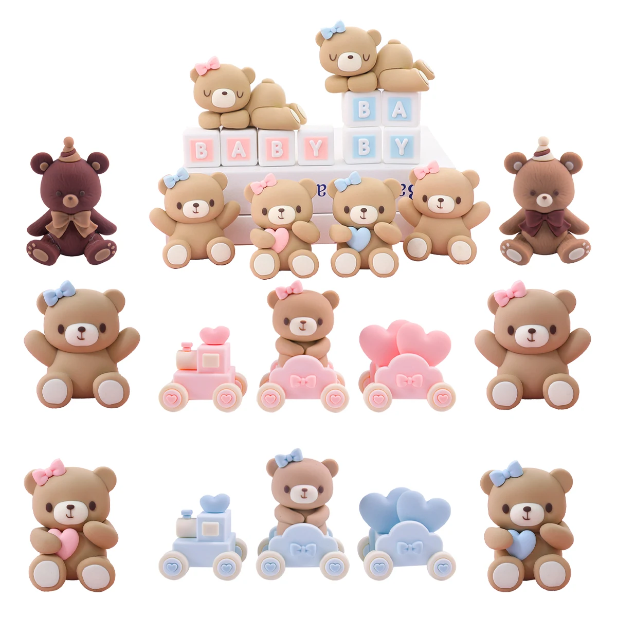 Cute Bear Ornament Cake Topper Pink Blue Cartoon Bear Soft Rubber Doll Boy Girl First Birthday Party Cake Decoration Baby Shower