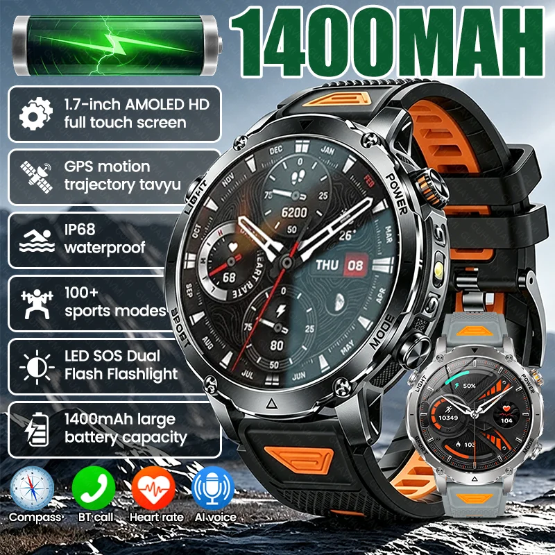 New Outdoor Military 1400mAh Battery Smart Watch Men Sports GPS Track SOS Flashlight IP68 Waterproof Bluetooth Call Smartwatches