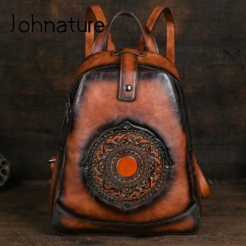 Johnature 2026 New Vintage Totem Embossed Backpack Versatile Women Leather Bag Solid Color Large Capacity Travel Backpacks